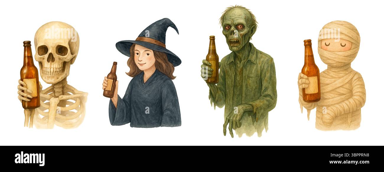 Divertenti personaggi di Halloween che bevono birra: Scheletro, strega, zombie e mamma Foto Stock