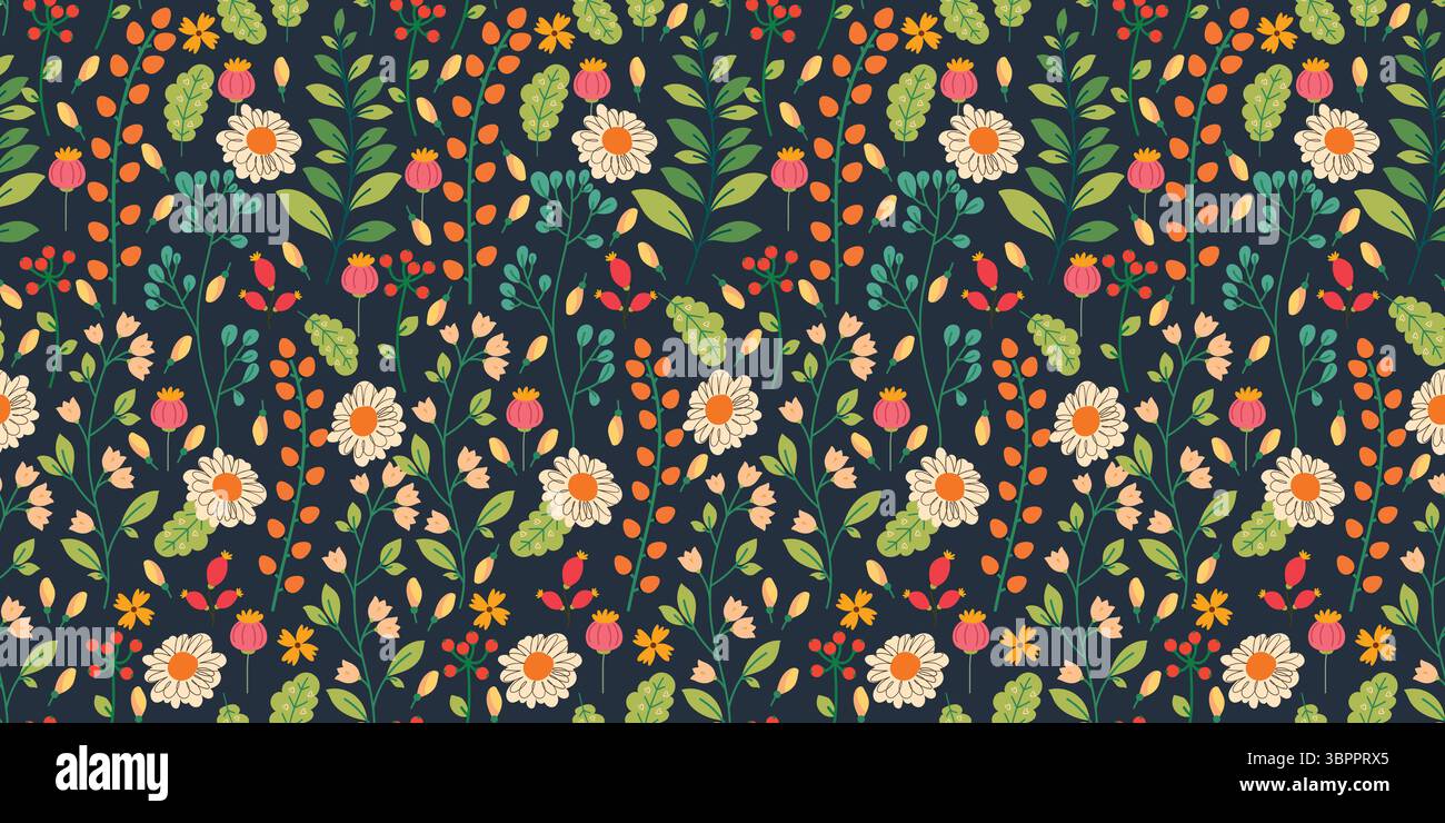 Motivo floreale senza cuciture con fiori selvatici colorati disegnati a mano, foglie e frutti di bosco su sfondo verde. Sfondo botanico perfetto per la stampa Illustrazione Vettoriale