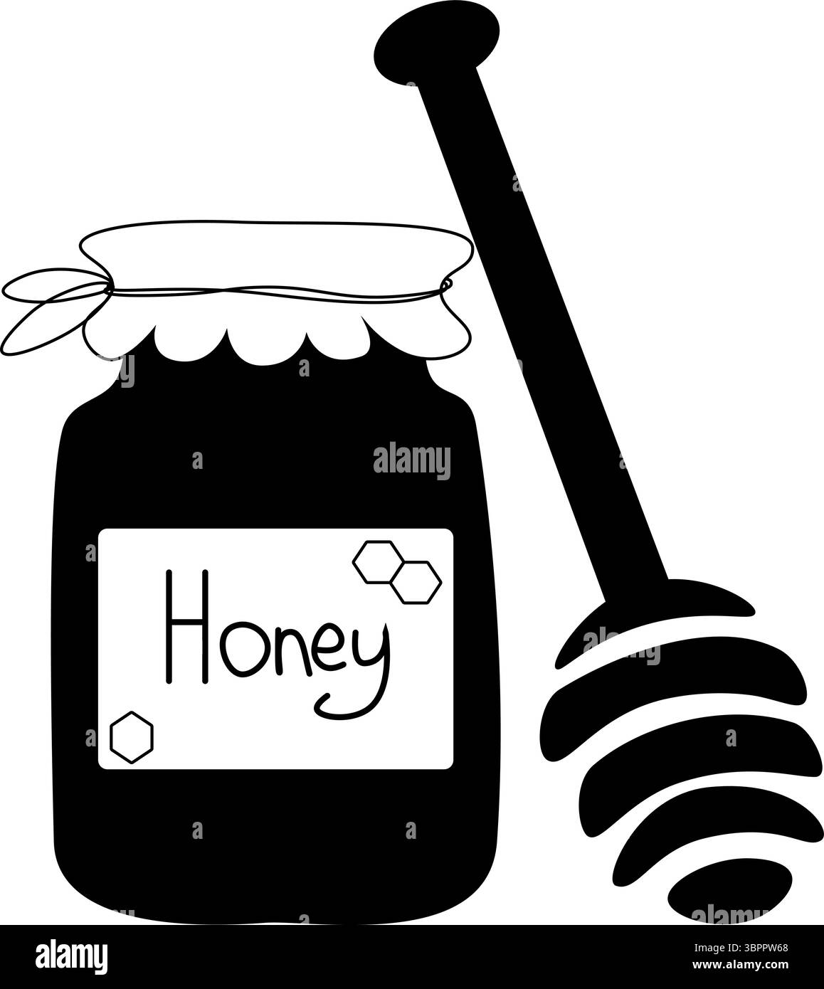 Barattolo di miele con gocciolamento di api e composizione cucchiaio per immersione. Illustrazione della linea grafica vettoriale. Per poster, volantini, banner, inviti, social media, Illustrazione Vettoriale