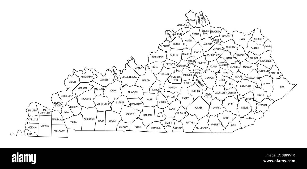 Stato del Kentucky, suddiviso in 120 contee, delineare la mappa. Stato nella regione sud-orientale degli Stati Uniti, soprannominato Stato Bluegrass. Foto Stock