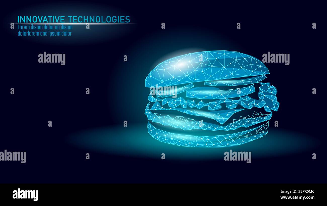 Rappresentazione dell'icona Burger. Grafica hamburger poligonale rappresentazione innovativa. Ristorazione economia e finanza. Sfondo blu scuro neon Illustrazione Vettoriale