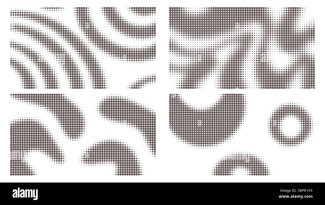 Set di 4 sovrapposizioni di mezzitoni neri. Motivo a punti in stile retrò. Modello orizzontale per sfondo, texture, disturbo visivo, grafica vettoriale Illustrazione Vettoriale