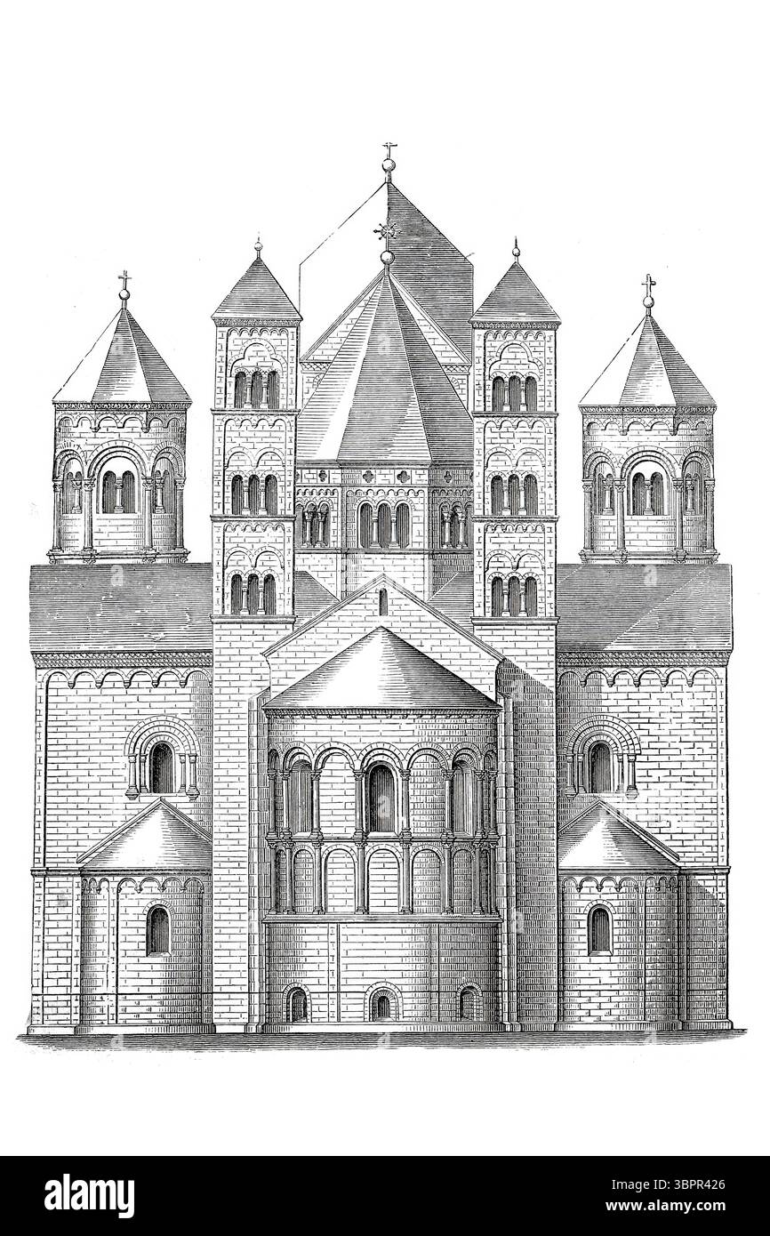 Abbazia di Maria Laach, Abbatia Mariae Lacensis o Abbatia Mariae ad Lacum o Abbatia Lacensis, ordine benedettino, monastero di Glees, distretto di Ahrweiler, Renania-Palatinato, Germania, storico, riproduzione digitale migliorata da un originale intorno al 1860 Foto Stock