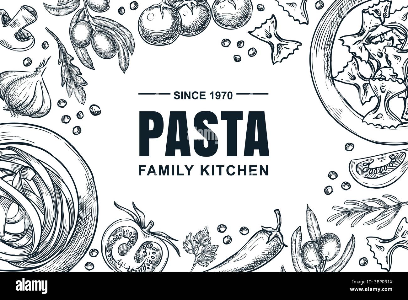 Cornice per pasta e ingredienti italiani. Illustrazione dello schizzo disegnato a mano vettoriale. Ristorante, caffetteria, menu trattoria, banner, poster, design della confezione delle etichette Illustrazione Vettoriale