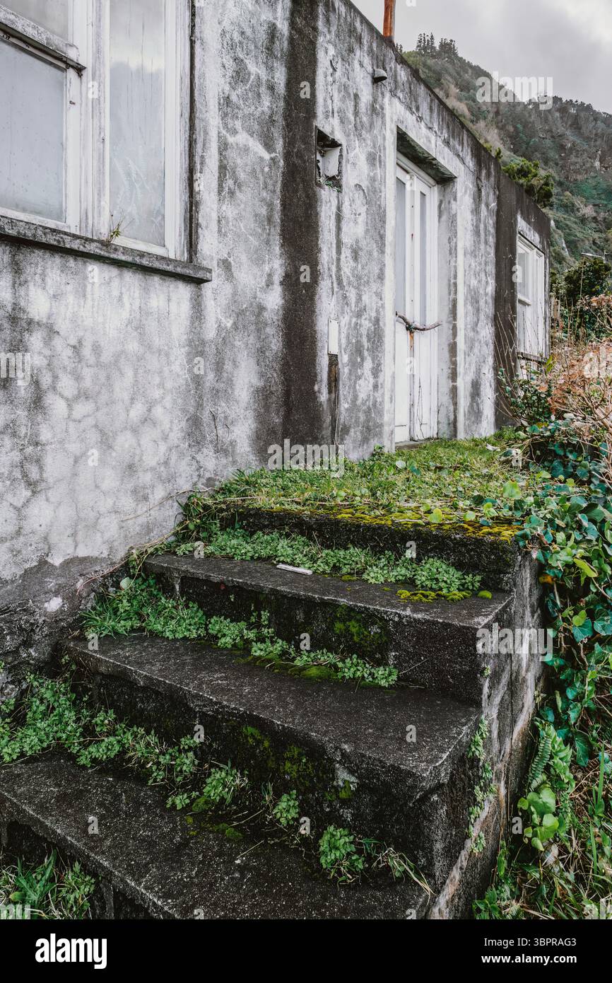 Gradini di pietra abbandonati con la crescita del muschio che porta all'edificio Weathered a Sao Jorge nelle Azzorre. Vegetazione ricoperta, facciata deteriorata, decadimento rurale, porto Foto Stock