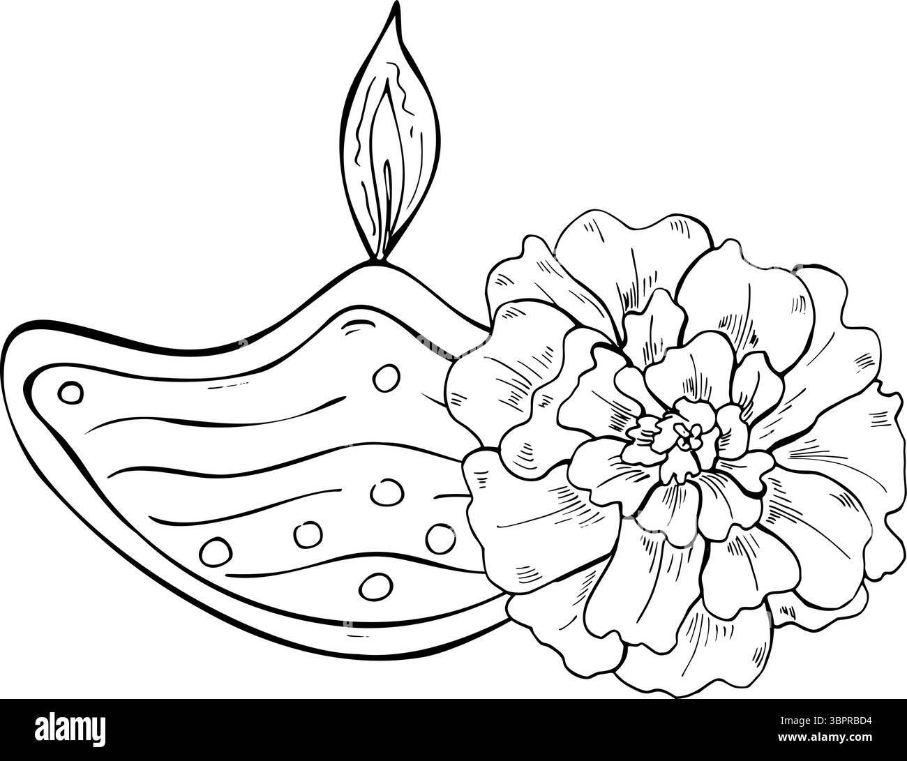 Lampada a olio tradizionale indiana con fiamma ardente e illustrazione vettoriale in bianco e nero calendula. Diya e testa di fiore per il biglietto di auguri Happy Diwali Illustrazione Vettoriale