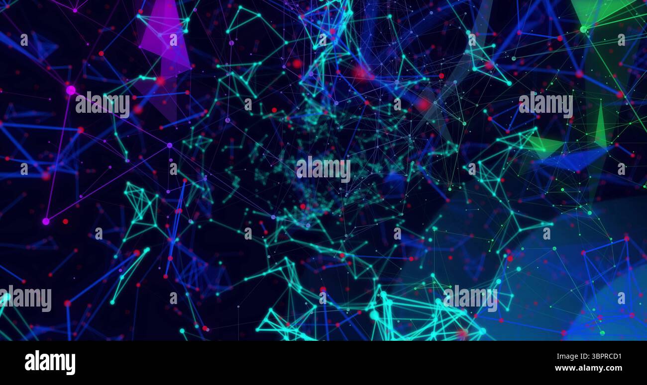 Rete astratta che forma il Web 3D in uno spazio virtuale buio, con nodi luminosi linee forme Foto Stock