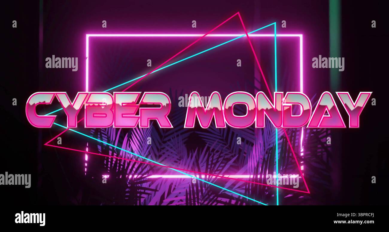 Il simbolo al neon retrò "CYBER MONDAY" risplende sul palcoscenico digitale con cornice, luci triangolari e frontali delle palme Foto Stock