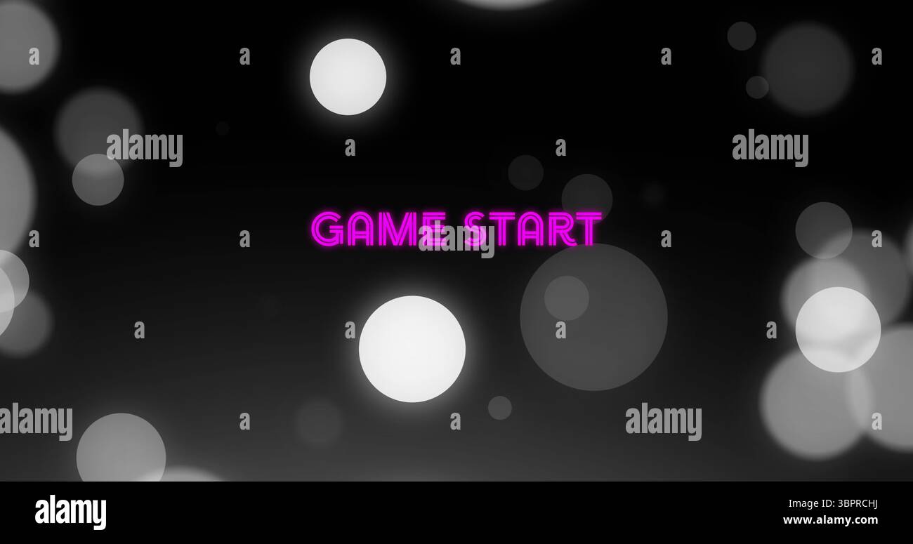 Visualizzazione del testo DI AVVIO DEL GIOCO rosa al neon sull'interfaccia di gioco virtuale, con cerchi luminosi bokeh Foto Stock
