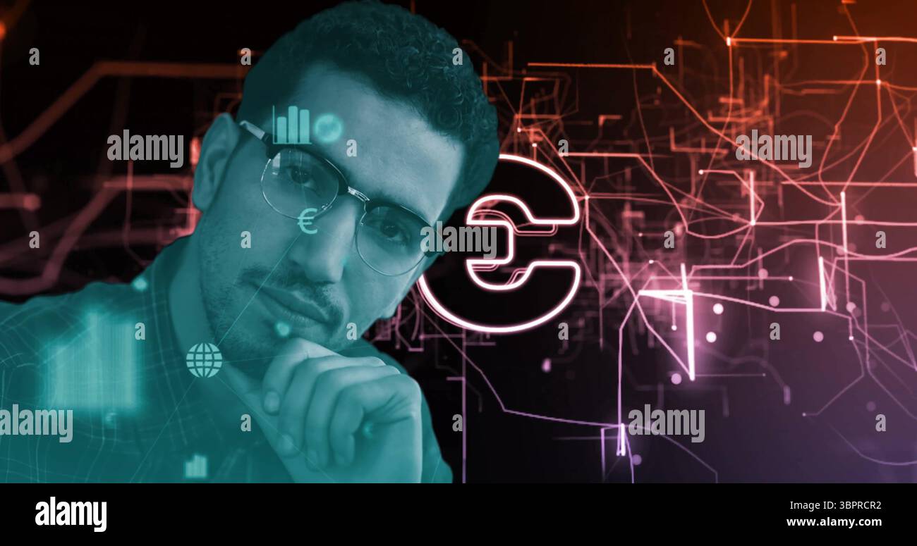 Mento a riposo analista a mano che indossa camicia, occhiali rotondi in sala di controllo virtuale, con simbolo dell'euro Foto Stock