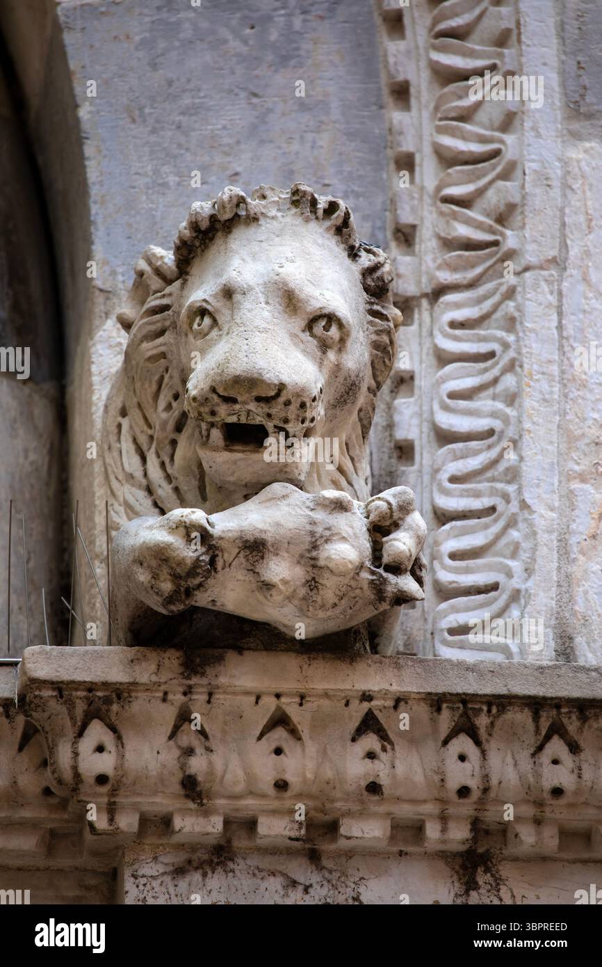 Scultura di Leone all'esterno della Chiesa di San Michele in Borgo, nota anche come Chiesa di San Michele, situata nella città di Pisa in Italia. Foto Stock
