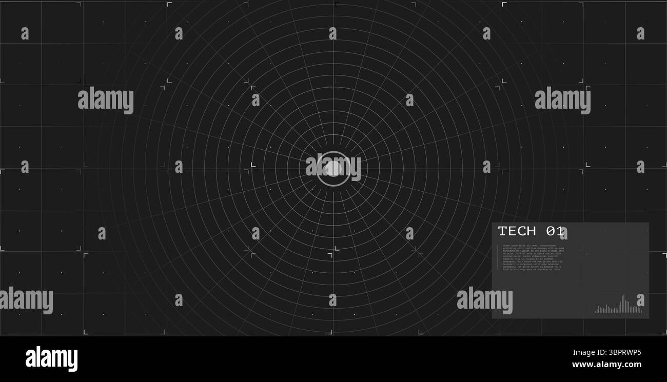 Griglia circolare con centro target su sfondo scuro. Interfaccia tecnologica radar futuristica. HUD digitale. Schermo fantascientifico. Controllo spaziale o visualizzazione VR. Illustrazione Vettoriale