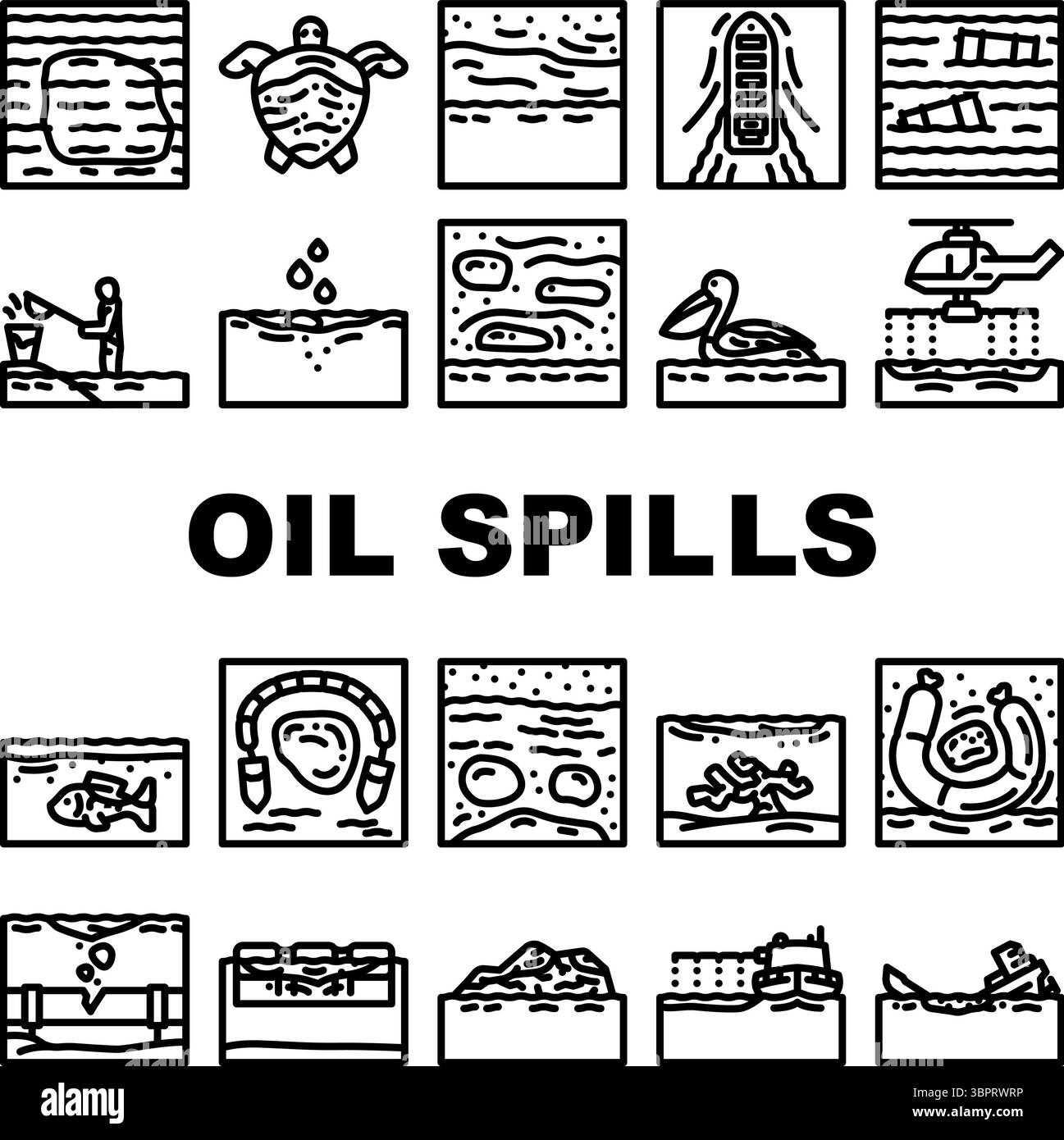 le icone di inquinamento da fuoriuscite di olio impostano il vettore Illustrazione Vettoriale