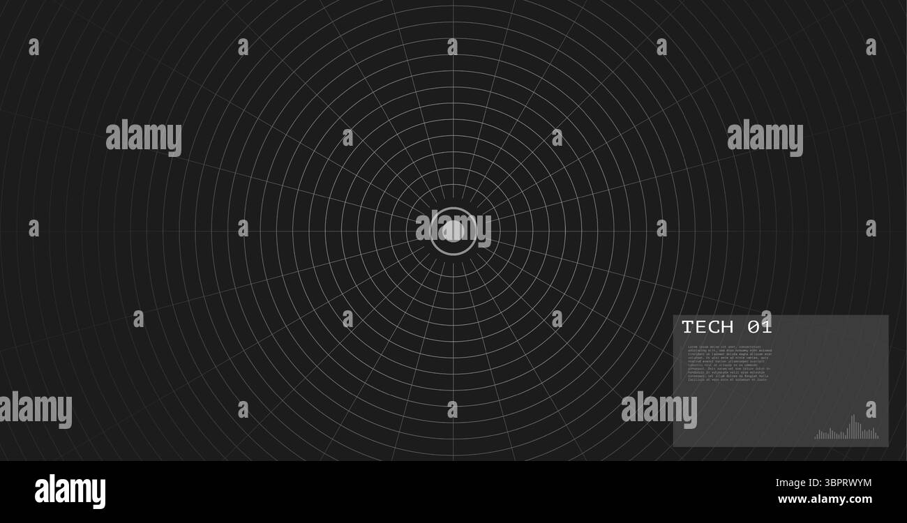 Griglia circolare con centro target su sfondo scuro. Interfaccia tecnologica radar futuristica. HUD digitale. Schermo fantascientifico. Controllo spaziale o visualizzazione VR. Illustrazione Vettoriale