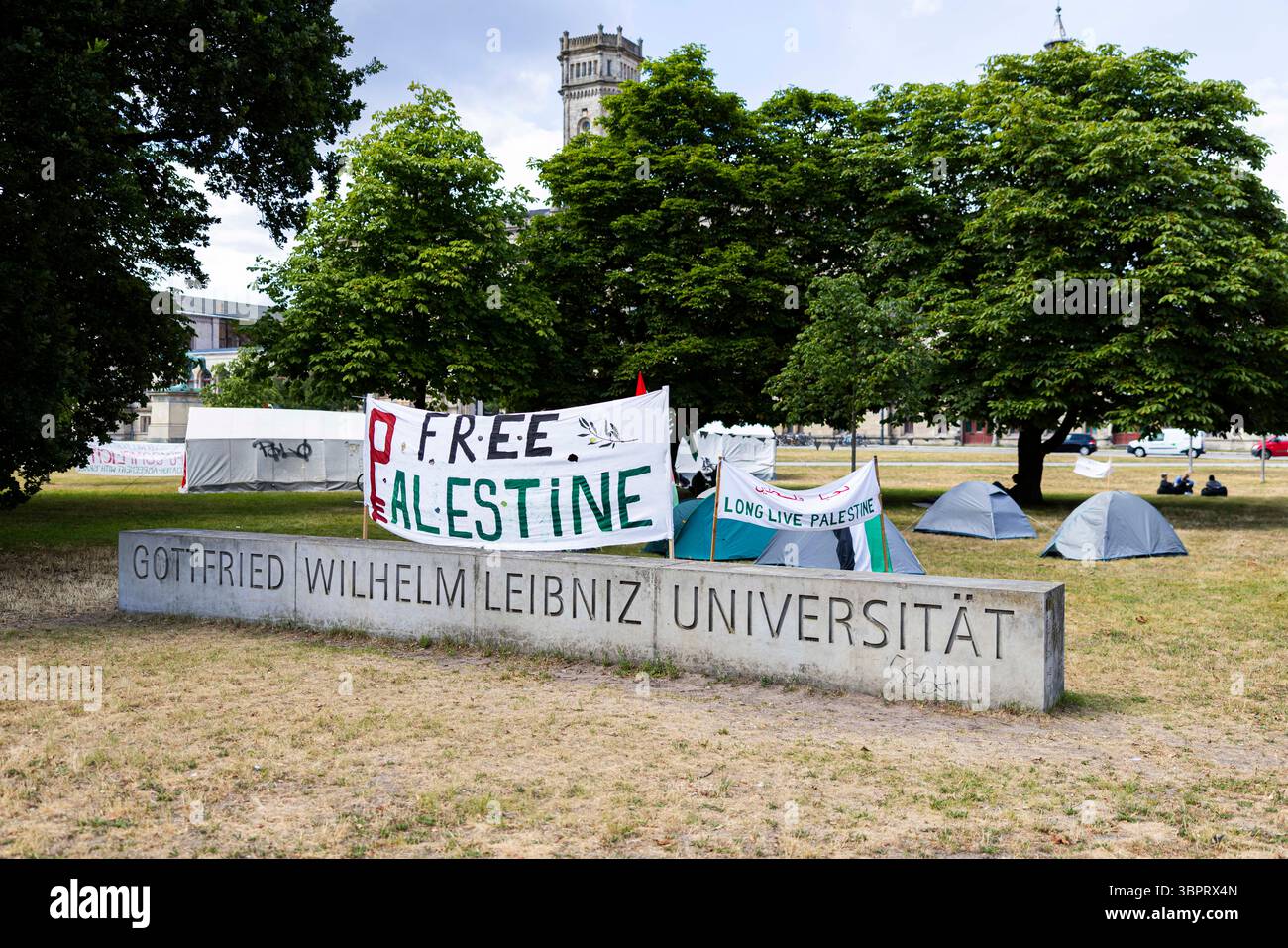 Hannover, Germania. 9 luglio 2025. Le parole "Palestina libera” e "Palestina viva” sono scritte su striscioni in un campo pro-palestinese a Leibniz Universität Hannover. Credito: Michael Matthey/dpa/Alamy Live News Foto Stock