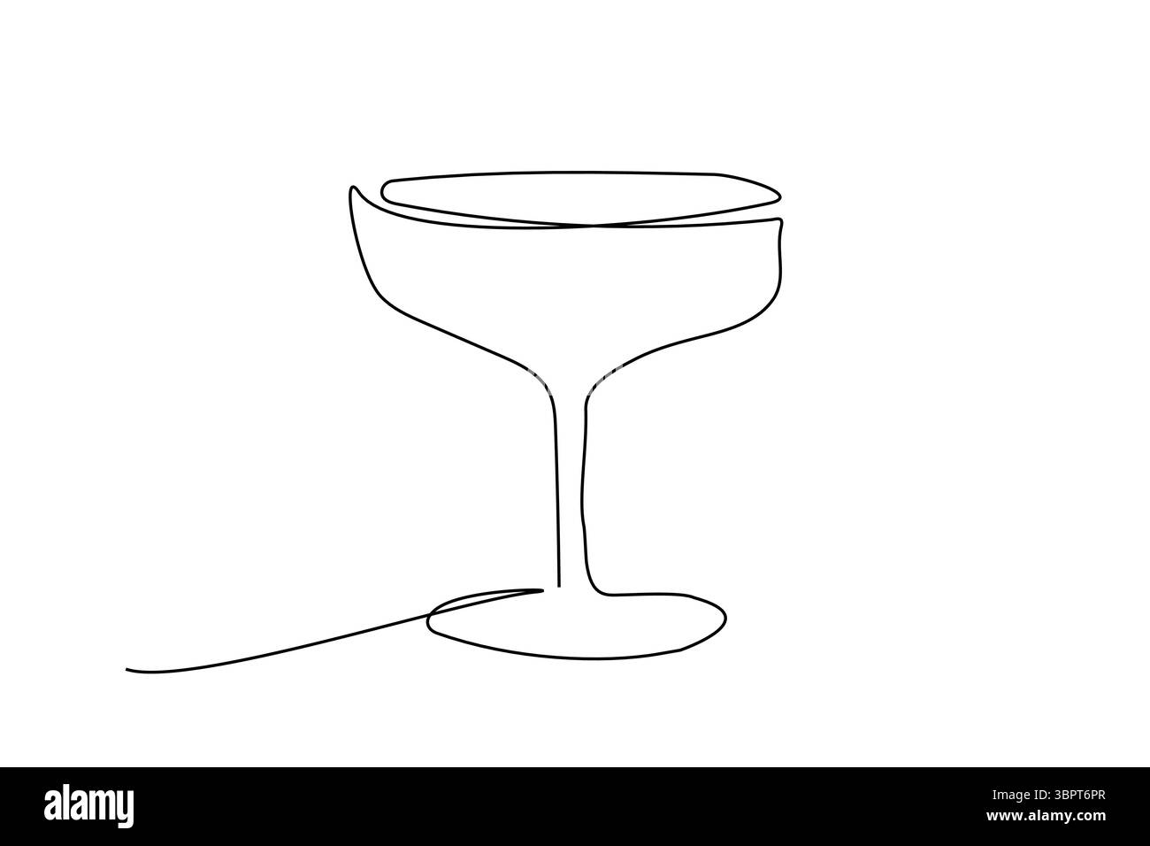 Disegno continuo di un'unica linea di vetro. Vino, cocktail, bicchiere di champagne icona nera. Logo astratto disegnato a mano. Figura semplice illustrazione. Isolato su Illustrazione Vettoriale
