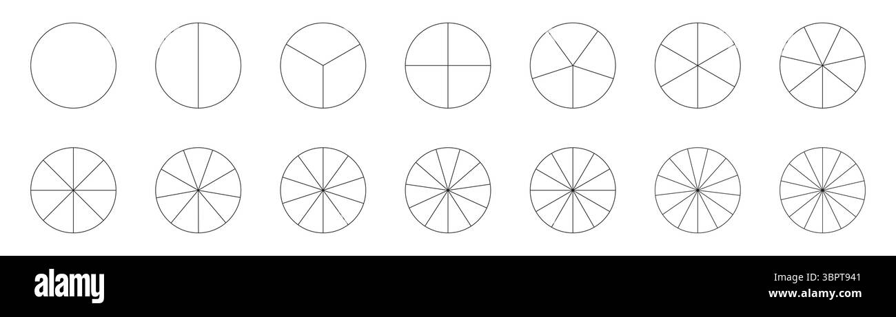 Grafici segmentati. Modello grafico Pizza. Schema delle parti delle ruote. Raccolta di grafici a torta. Molti settori dividono il cerchio su parti uguali. Set di Illustrazione Vettoriale