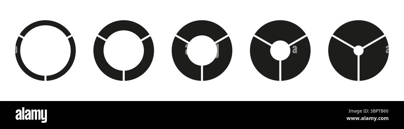 Grafici di sezione circolare. Ruote rotonde divise, tre sezioni. Set infografica diagrammi. Icone del grafico a torta. Diagrammi di ciambella o torte segmentate su 3 uguali Illustrazione Vettoriale