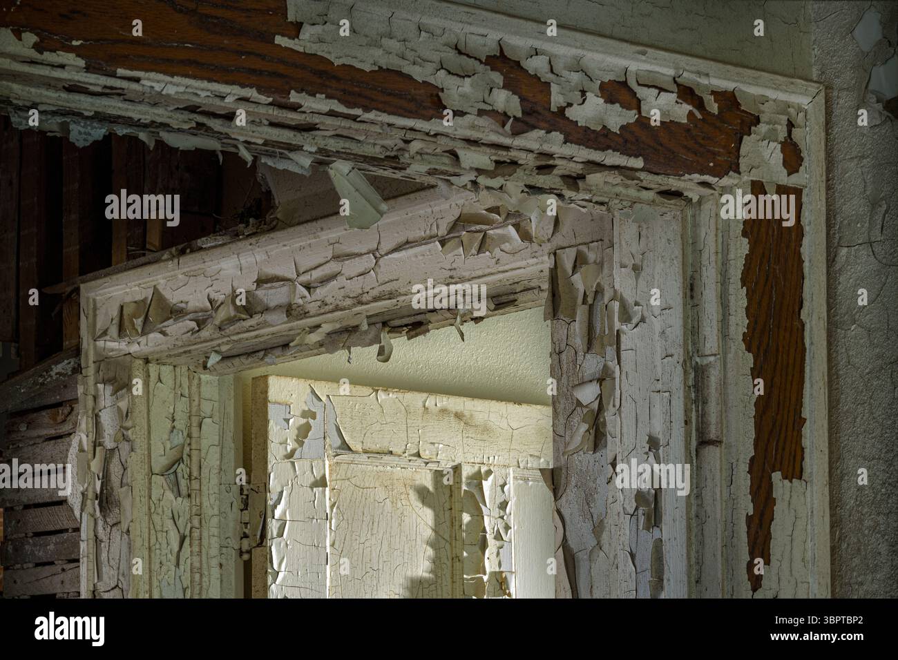 La modanatura di due porte con vernice sbucciante in una casa abbandonata, Indiana, USA Foto Stock