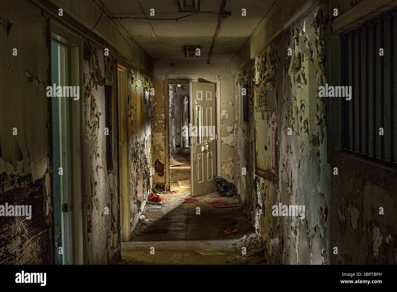 Corridoio sporco in decomposizione con vernice e porta alla fine dell'edificio abbandonato, Indiana USA Foto Stock