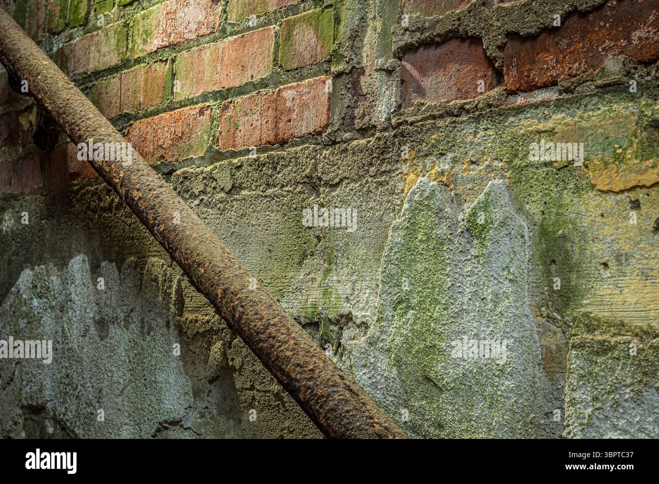 Dettaglio della scala muraria in mattoni con ringhiera in casa abbandonata Indiana USA Foto Stock