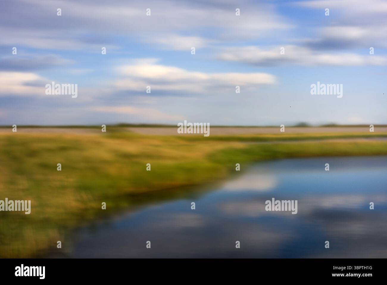 Paesaggio astratto della prateria ICM con campi dorati, cieli blu, lago. Foto Stock