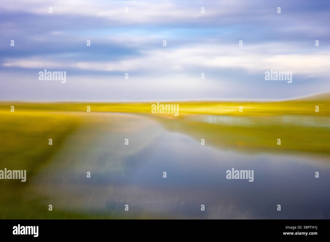 Paesaggio astratto della prateria ICM con campi dorati, cieli blu, lago. Foto Stock