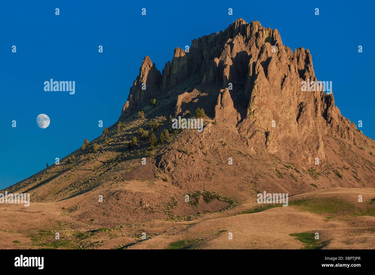 ultima luce sulla coda di uccelli butte e una luna piena in ascesa vicino a simms, montana Foto Stock