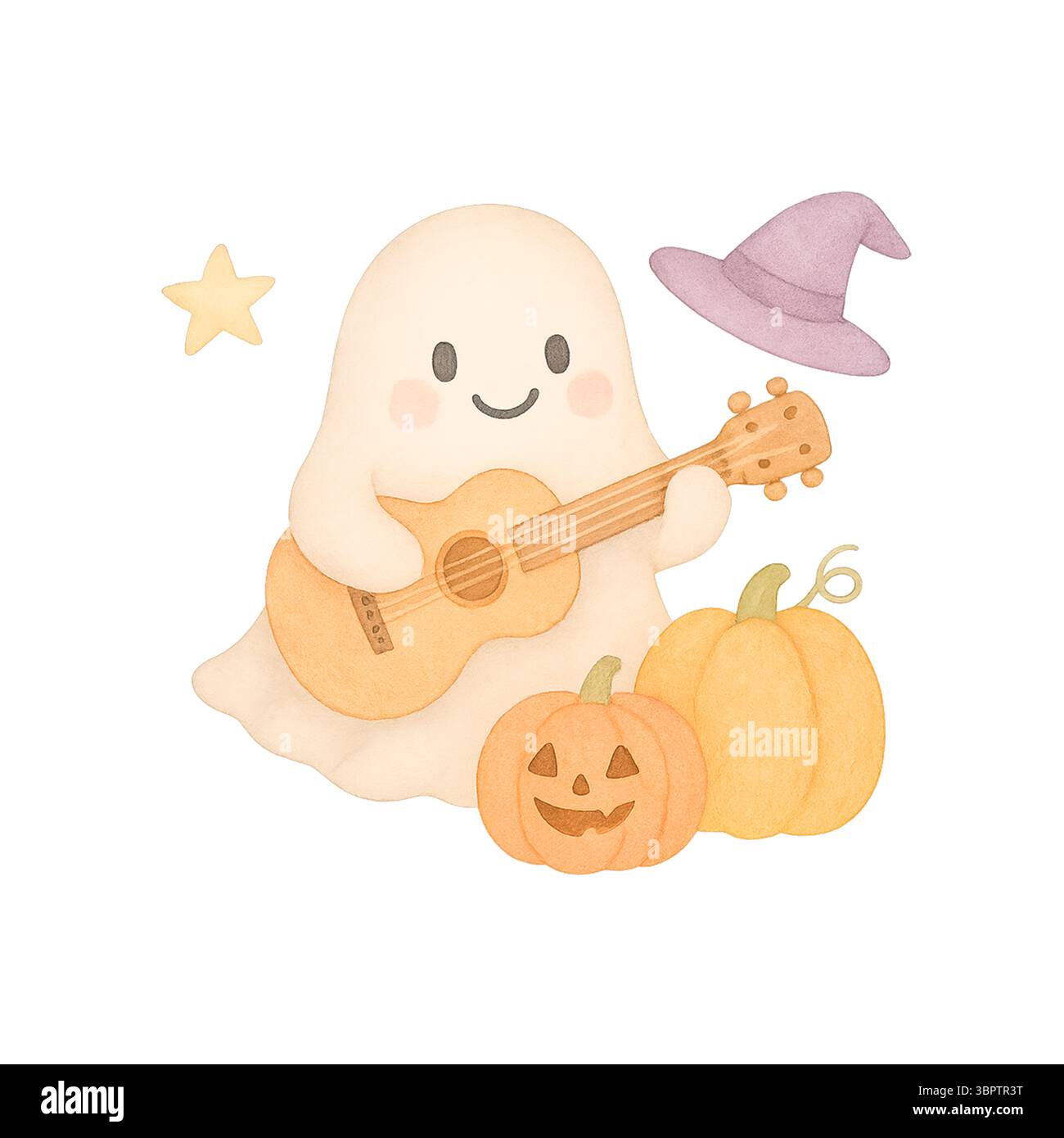 Cute Ghost che suona la chitarra con le zucche – accogliente scena musicale di Halloween Foto Stock