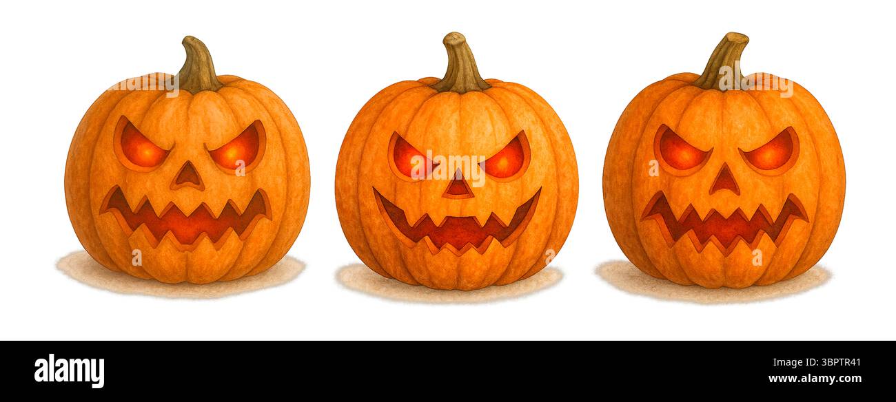 Three Evil Pumpkins – spaventosa illustrazione dei volti di Jack-o'-Lantern Foto Stock