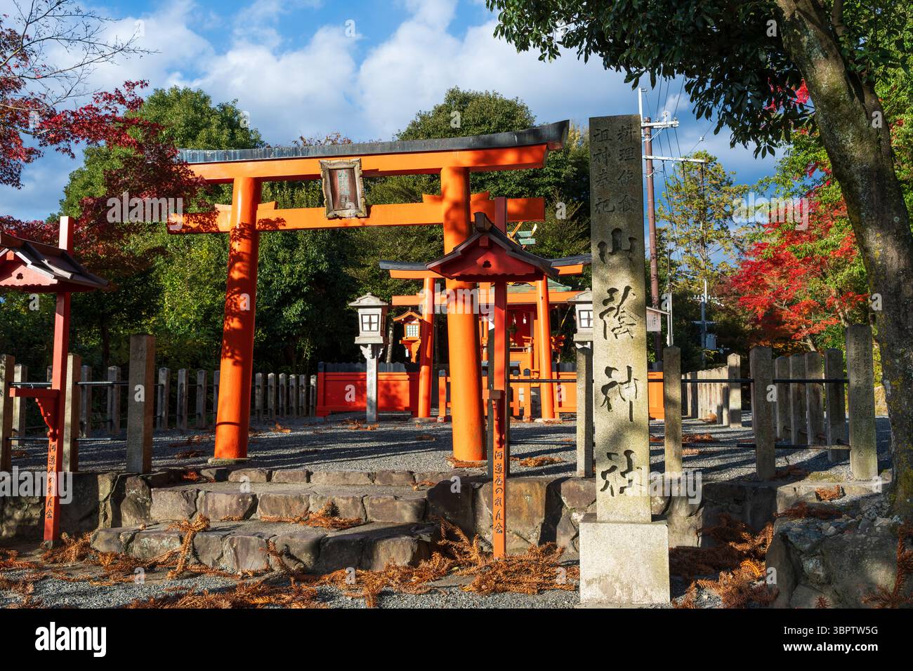 L'ingresso e la porta torii vermiglio del santuario Yamakage Jinja, dedicato al dio della cucina, circondato da foglie autunnali. Sakyo-ku, Kyoto, Giappone. Foto Stock