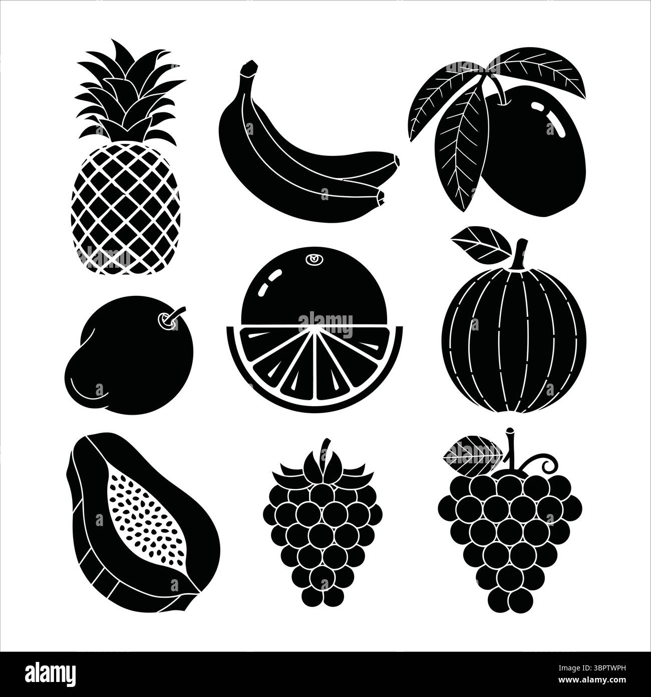 Ananas banane mango arancia guava papaia bacche uva vettoriale Illustrazione Vettoriale