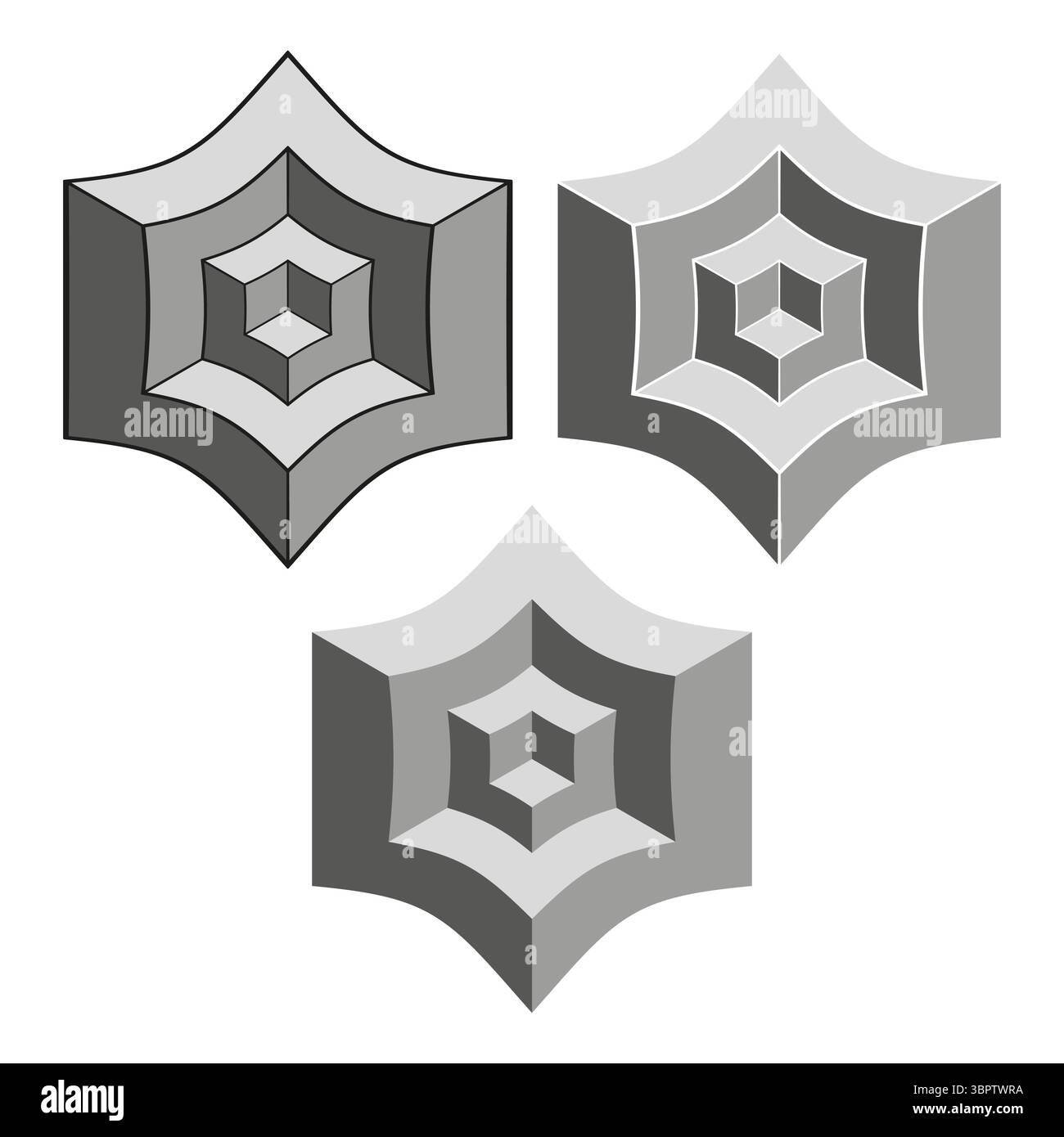 Forma geometrica a stella. Illusione del volume ottico. Elemento appuntito astratto. Progettazione grafica vettoriale. Illustrazione Vettoriale