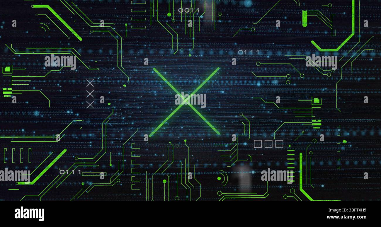 Streaming di cifre binarie e tracce verdi al neon che si spostano attraverso l'interfaccia informatica, formando X brillanti Foto Stock