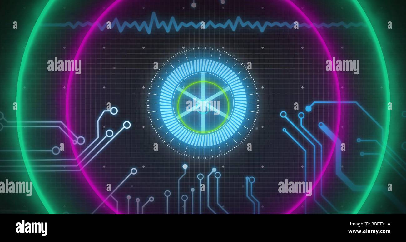 Visualizzazione dell'HUD centrale con anelli al neon magenta-calce con forma d'onda ciano sull'interfaccia digitale Foto Stock