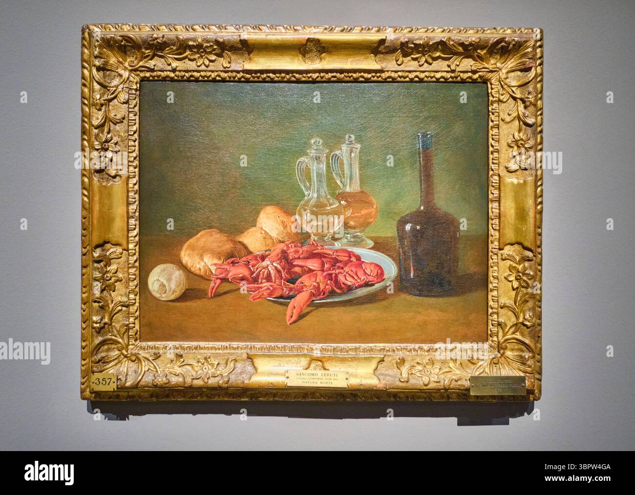 Natura morta dipinto di Giacomo Ceruti. Compresi i gamberi. gamberi, limone, crocchette di vetro. Alla Pinacoteca di Brera, museo d'arte di Milano. Foto Stock