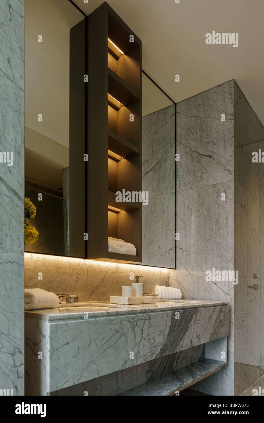 Bagno moderno con lavandino in marmo grigio, lavandino integrato e armadio verticale in legno scuro con luce calda incorporata, riflessa in un grande specchio. Foto Stock