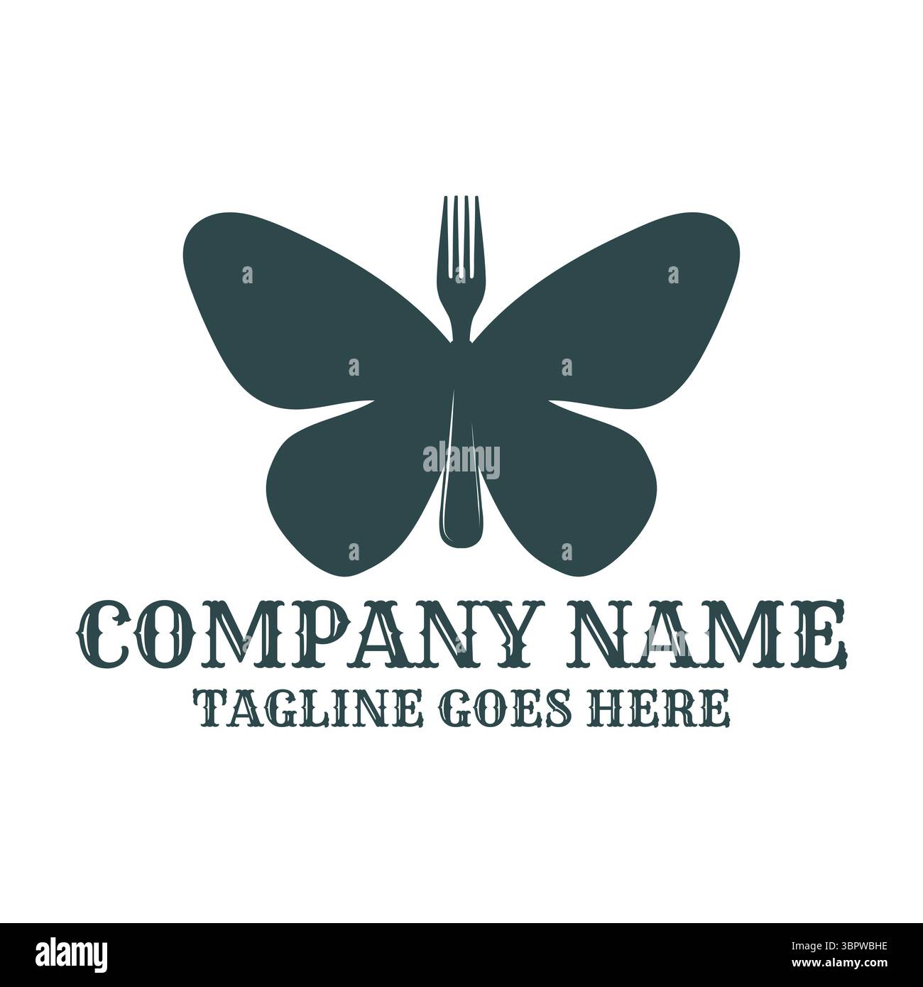 Butterfly Wings silhouette con Fork for Food Chef Catering Restaurant Logo Design Vector Illustrazione Vettoriale