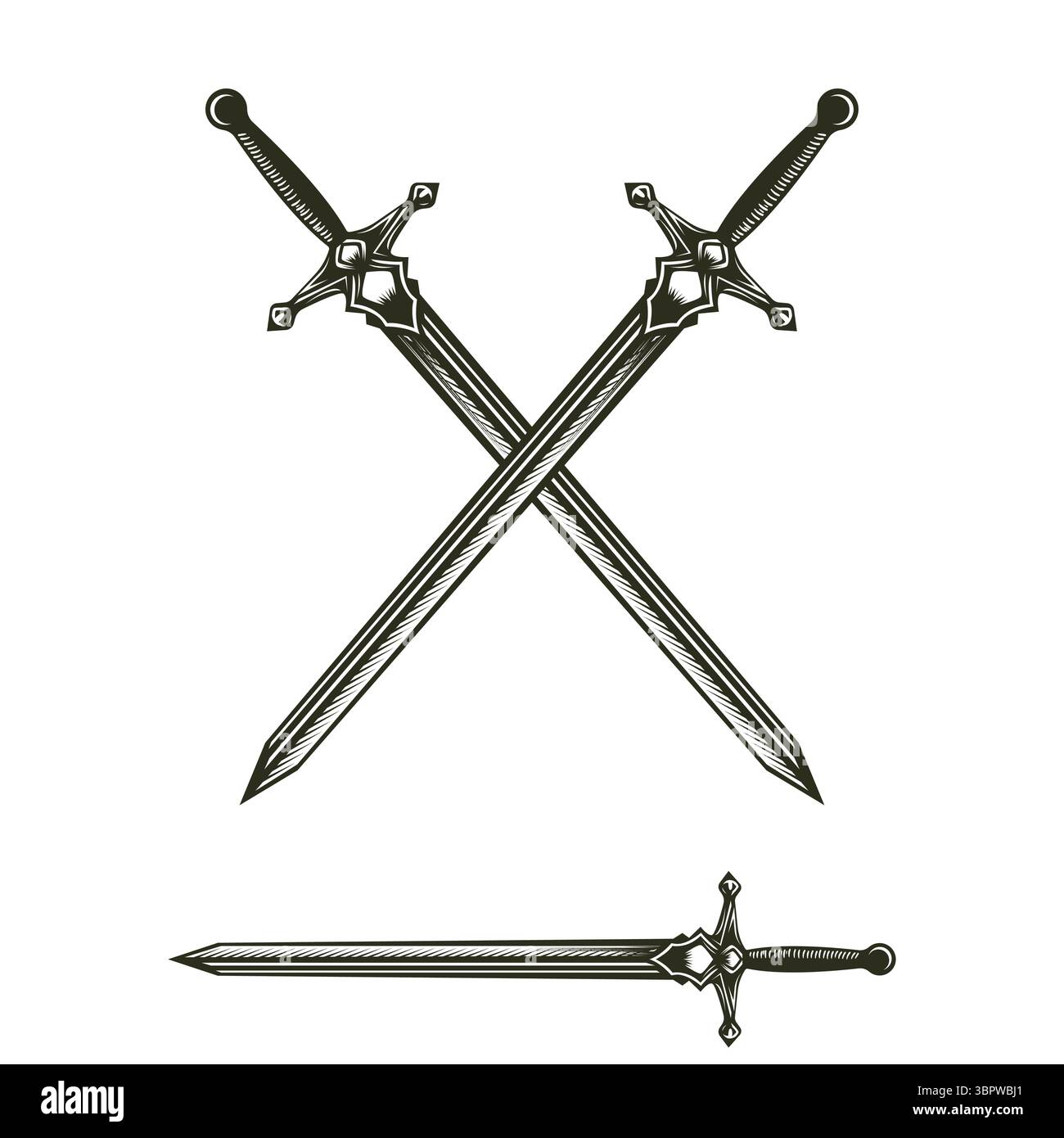 Vintage retro Old Classic Medieval Ancient Crossed Sword for War Battle Game Logo Design Vector Illustrazione Vettoriale