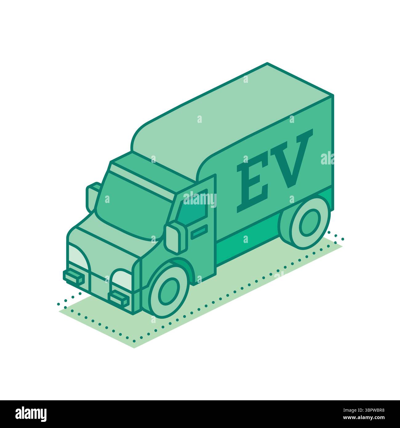 Veicolo elettrico isometrico EV. Trasporto sostenibile, consegna a zero emissioni e logistica ecocompatibile per un futuro più pulito. Illustrazione vettoriale. Illustrazione Vettoriale