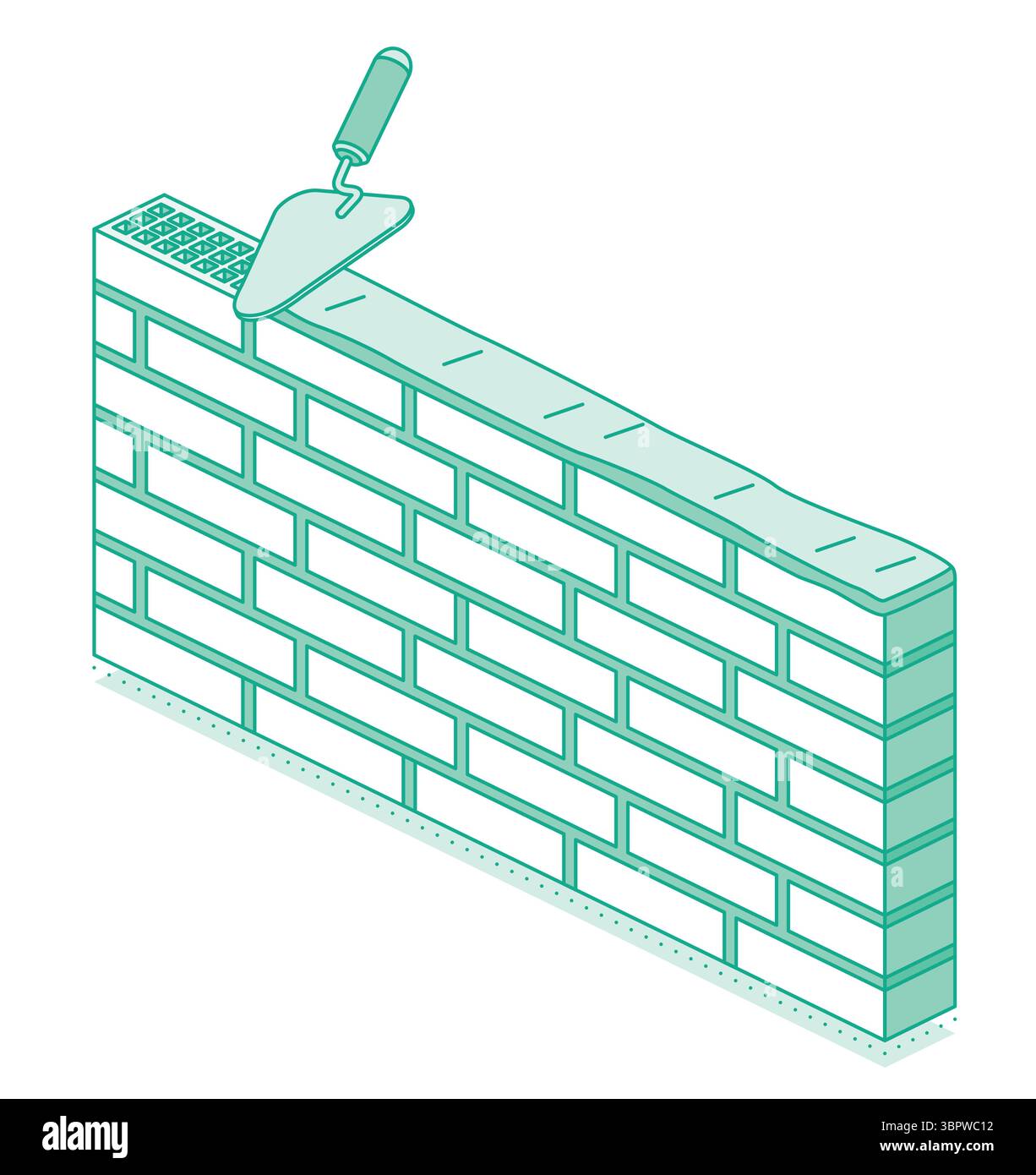 Parete isometrica in mattoni in costruzione con cazzuola e Malta. Lavori di muratura, costruzione di edifici e sviluppo architettonico. Illustrazione vettoriale Illustrazione Vettoriale