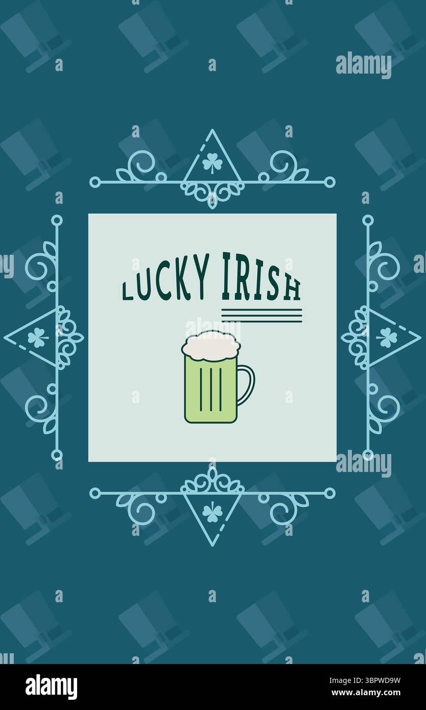 Mostra un design piatto con tazza di birra LUCKY IRISH Above verde incorniciata da scrollwork celtici su color tè Foto Stock