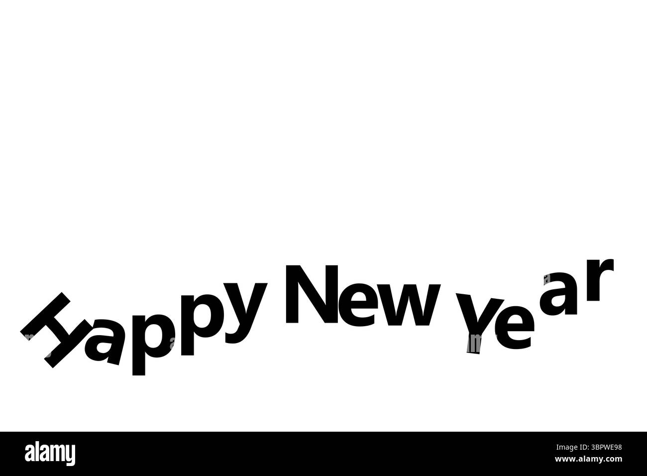 Il testo nero stilizzato Happy New Year viene visualizzato su sfondo bianco con design piatto e spazio di copia Foto Stock
