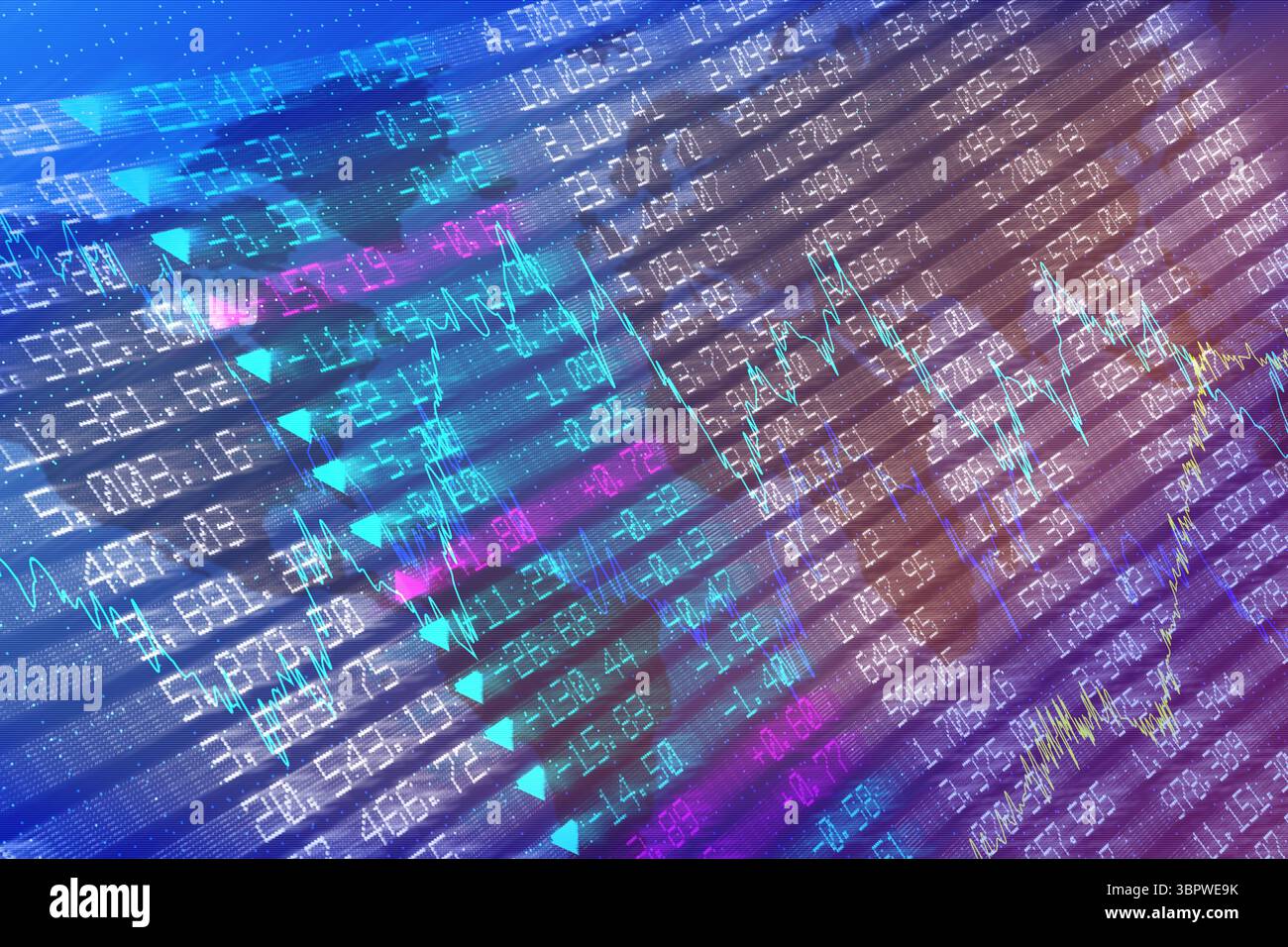 La visualizzazione piatta dei dati finanziari astratti mostra numeri, diagrammi frastagliati e frecce Foto Stock