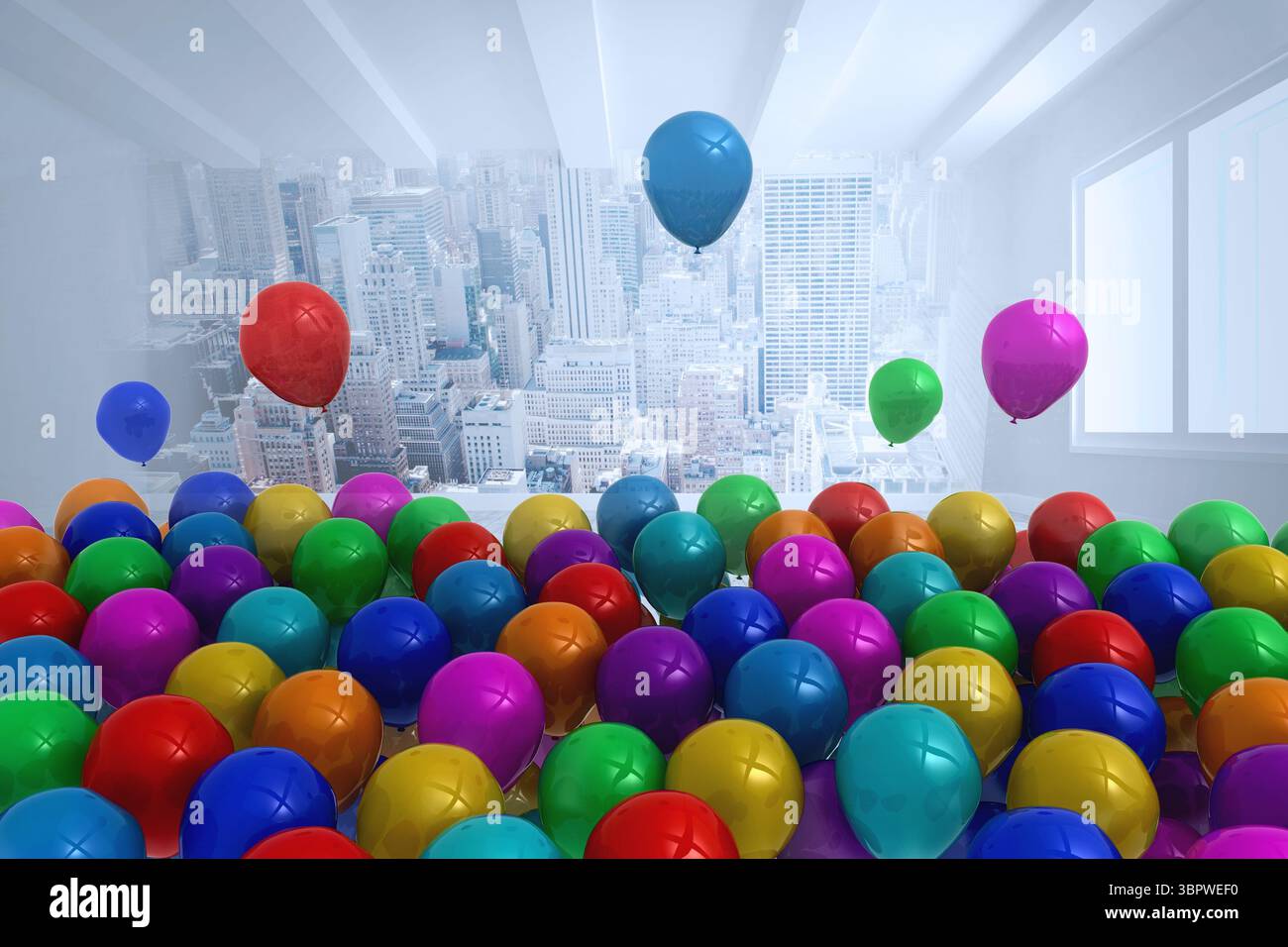 Molti palloncini colorati in camera con scena cittadina Foto Stock
