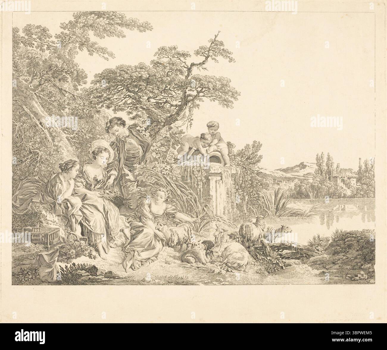 Les Présents du Berger, 1773 incisione di Louis-Simon Lempereur su disegno di Jean-Honoré Fragonard. Questa scena pastorale rococò presenta figure elegantemente vestite in un ambiente lussureggiante di campagna, dove un pastore regala doni a donne raffinate, circondate da pecore, fogliame e giocosi cherubini in una fontana. Una visione romanticizzata dell'amore rurale e del tempo libero nell'arte francese del XVIII secolo. Foto Stock