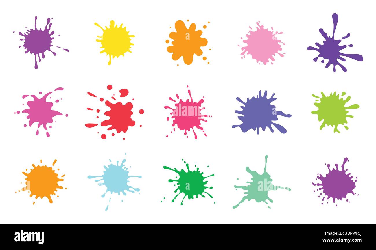 Set di spruzzi di vernice. Spruzzi di vernice colorata. Illustrazione vettoriale dell'elemento blotting verniciato a spruzzo. Illustrazione Vettoriale