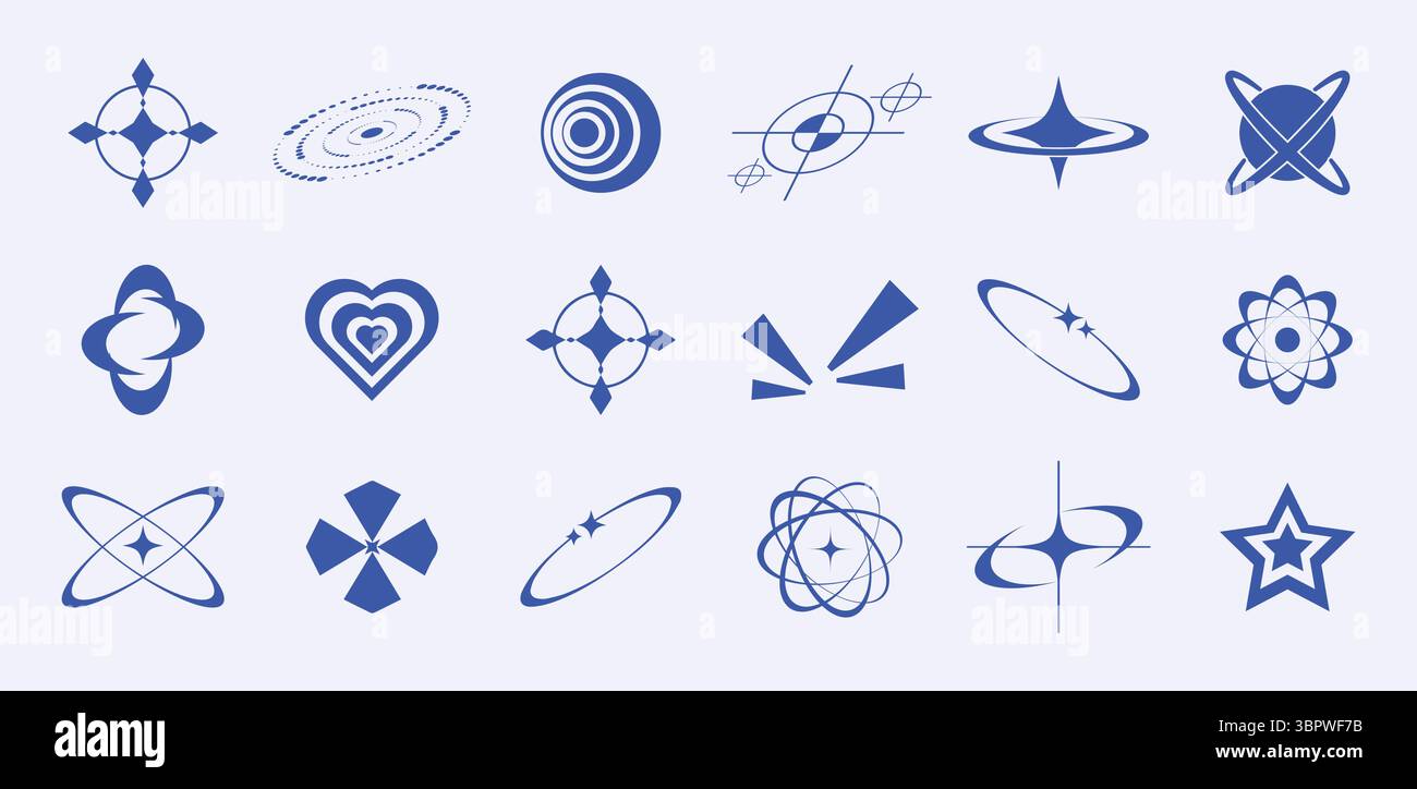 Elementi vettoriali Y2K di forme di brutalismo geometrico alla moda, loghi, griglie, design memphis. Forme di acidi semplici, simboli rave e cornici in stile y2k. Illustrazione Vettoriale