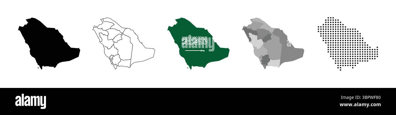 Mappa vettoriale dettagliata dell'Arabia Saudita. Set di mappe nazionali dell'arabia Saudita con scala di grigi e illustrazione vettoriale in stile tratteggiato. Illustrazione Vettoriale