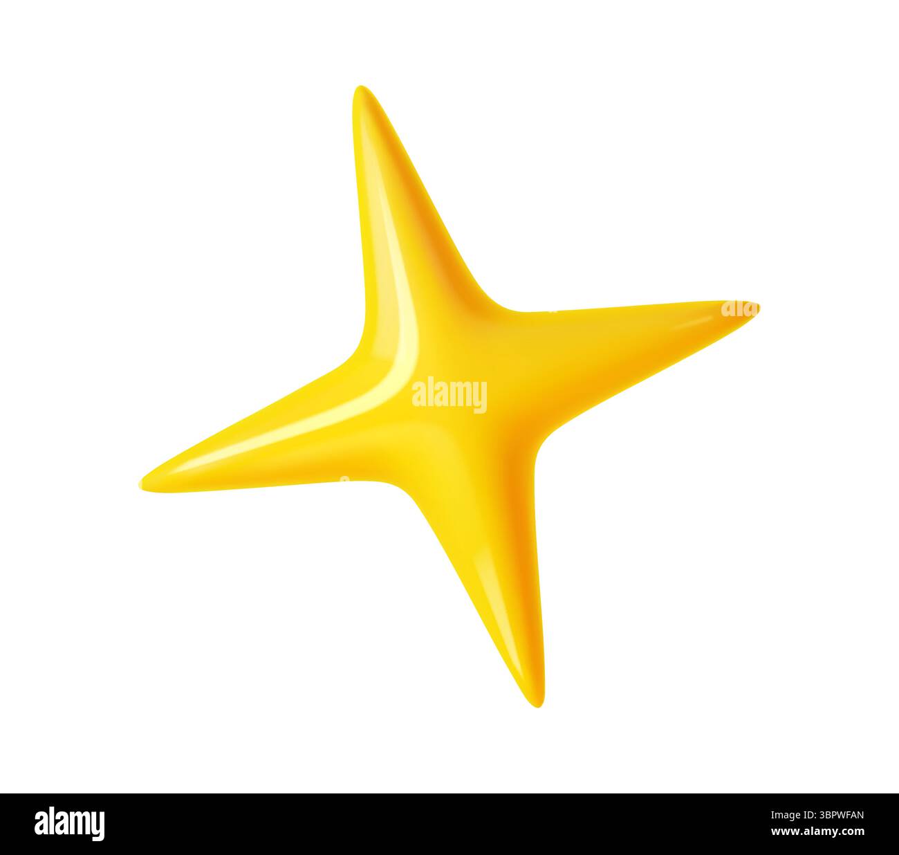 stella brillante gialla a quattro punte realistica in 3d. Simbolo di classificazione del prodotto, decorazione magica o elemento dell'interfaccia utente del gioco. Forma vettoriale isolata a stella in plastica lucida dorata o gialla tridimensionale Illustrazione Vettoriale